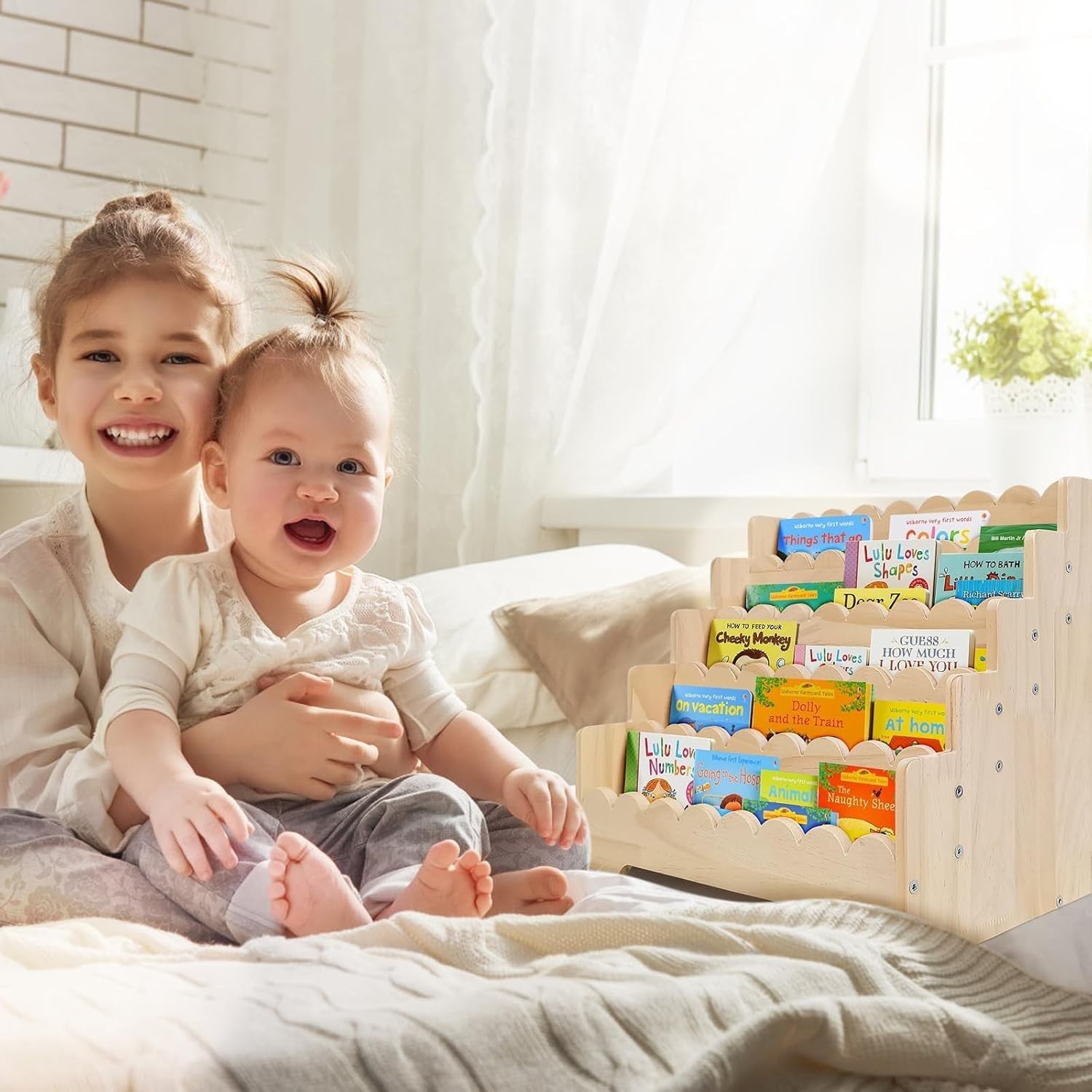 Wooden Kids Bookshelf 5 Tier Wave Design Bookcase Nursery Storage Shelf 43cm