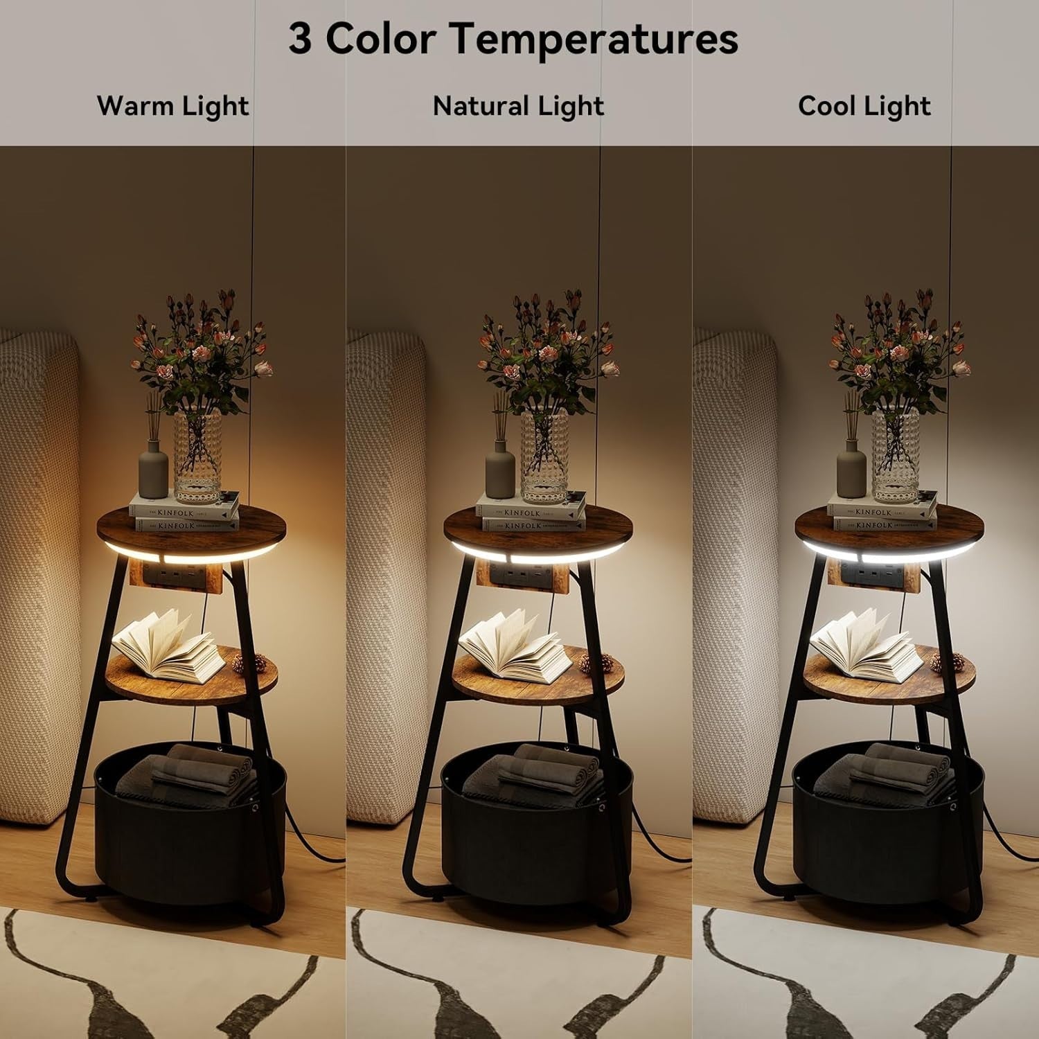 Round Side Table with Charging Station, 3-Color LED & 3-Tier Storage Shelf