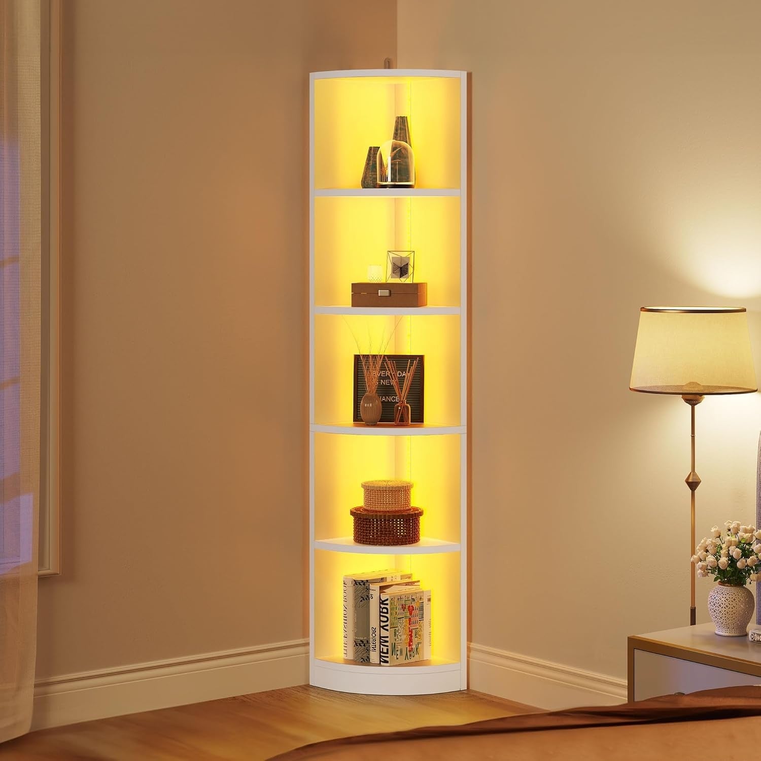 5-Tier LED Corner Bookshelf – Modern Tall Display Unit with Bluetooth & Storage