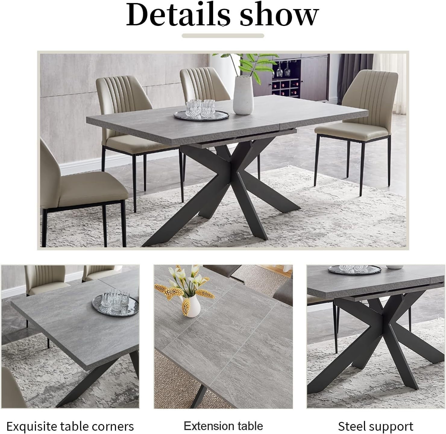 Extendable Dining Table Grey Wood Effect 4-6 Seater Kitchen Modern Room