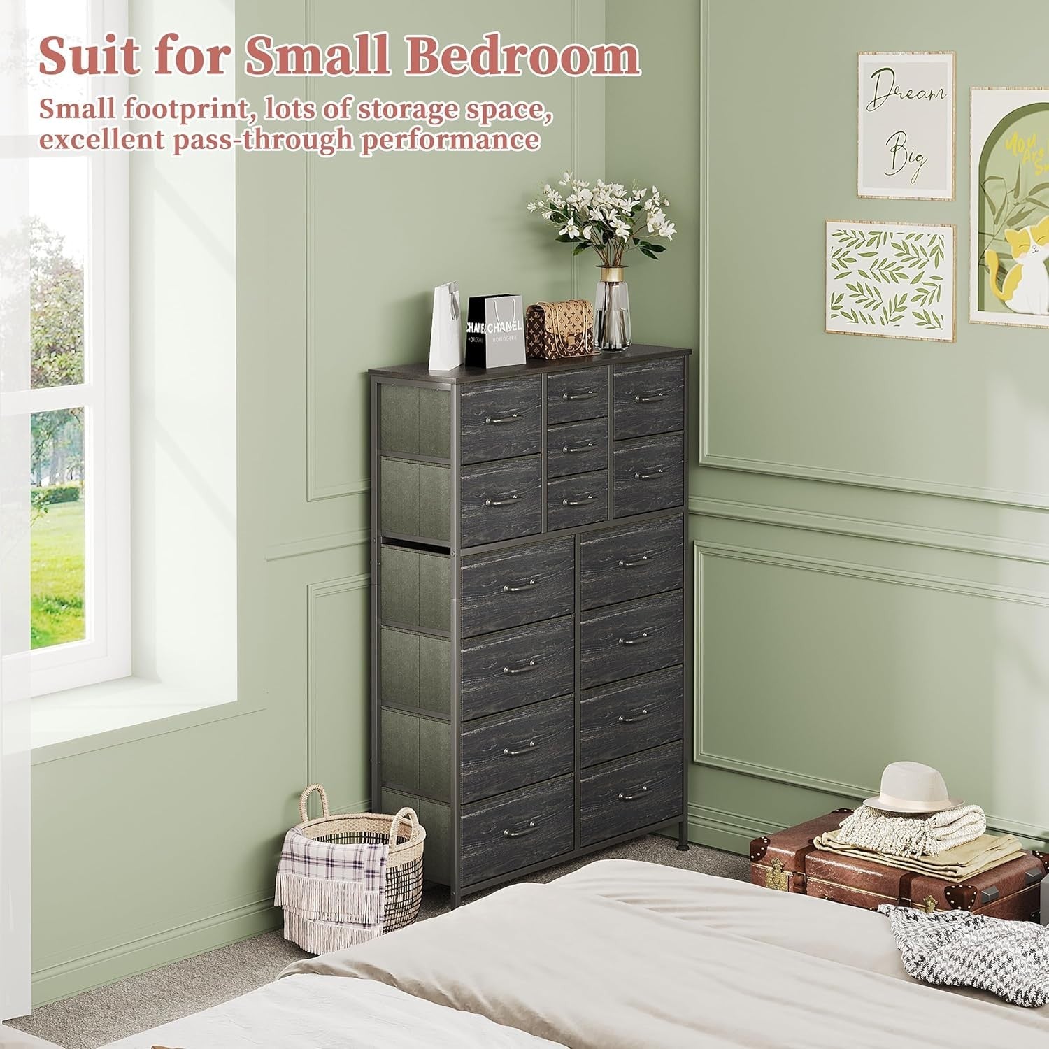 15 Drawer Fabric Chest Storage Unit Tall Dresser Wood Top Black Slim