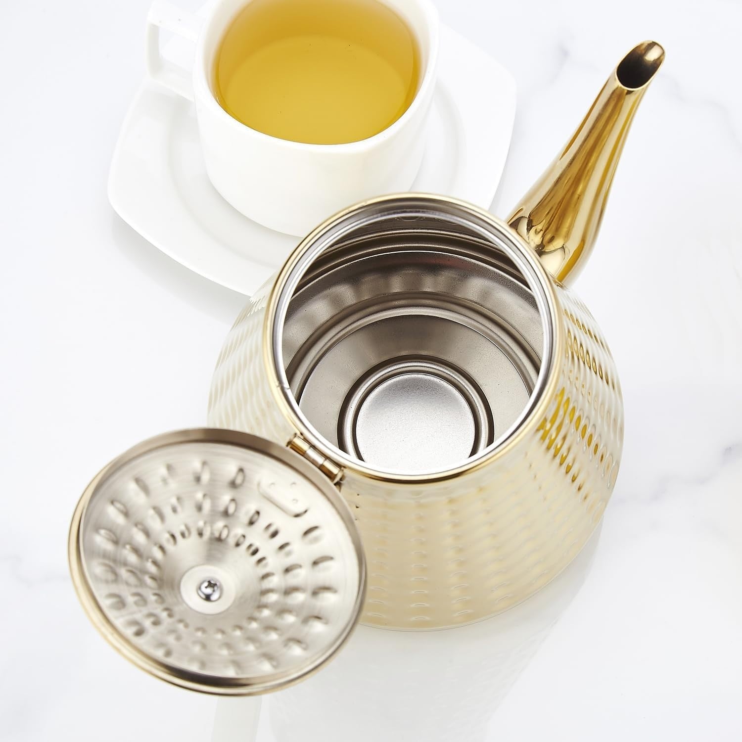 1.6L Stainless Steel Teapot with Infuser Gold Hammered Tea Pot 6 Cup