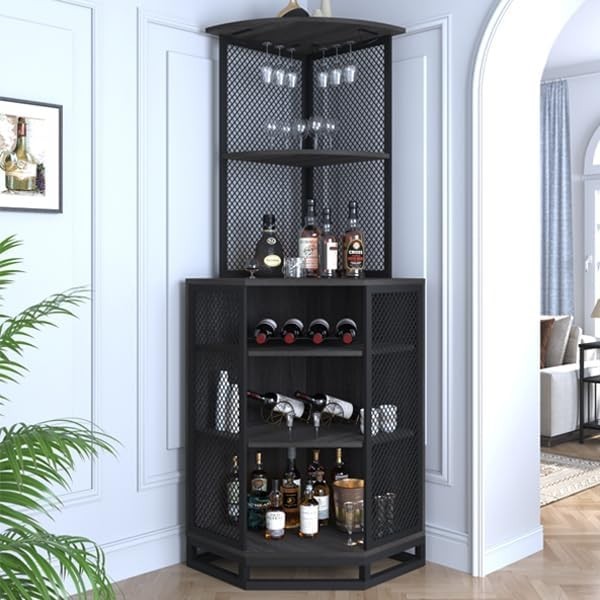 Tall Corner Bar Cabinet with Wine Rack & Adjustable Shelves Home Bar Unit