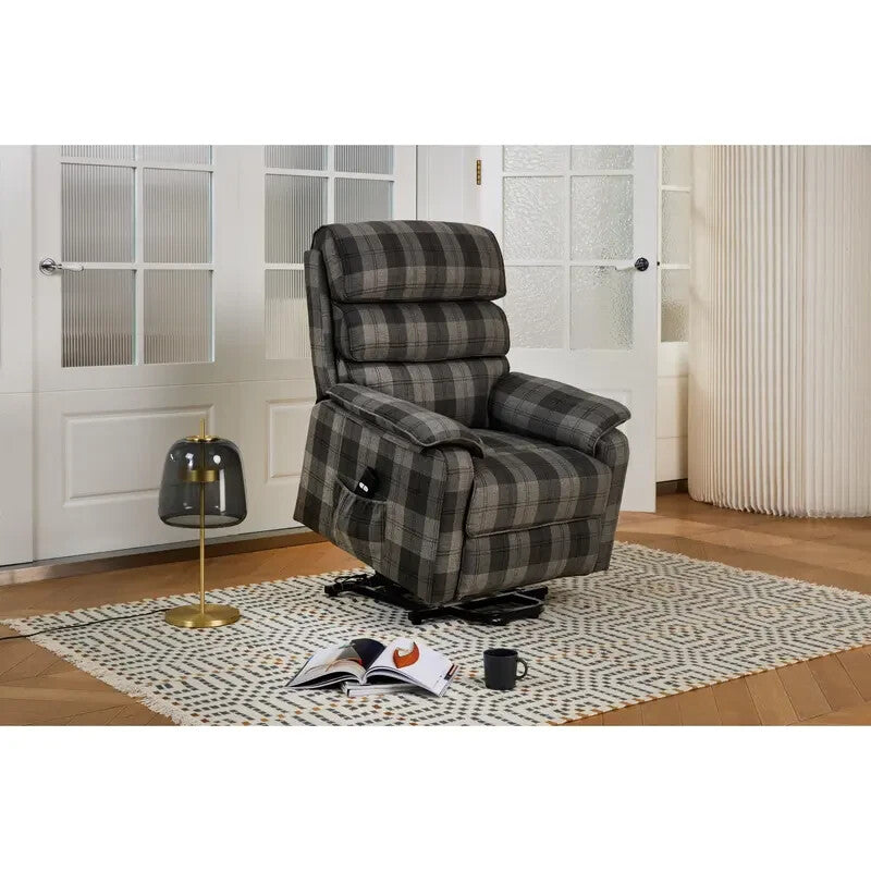 Electric Riser Recliner Chair Grey Tartan – Lift & Tilt Armchair w/ Remote