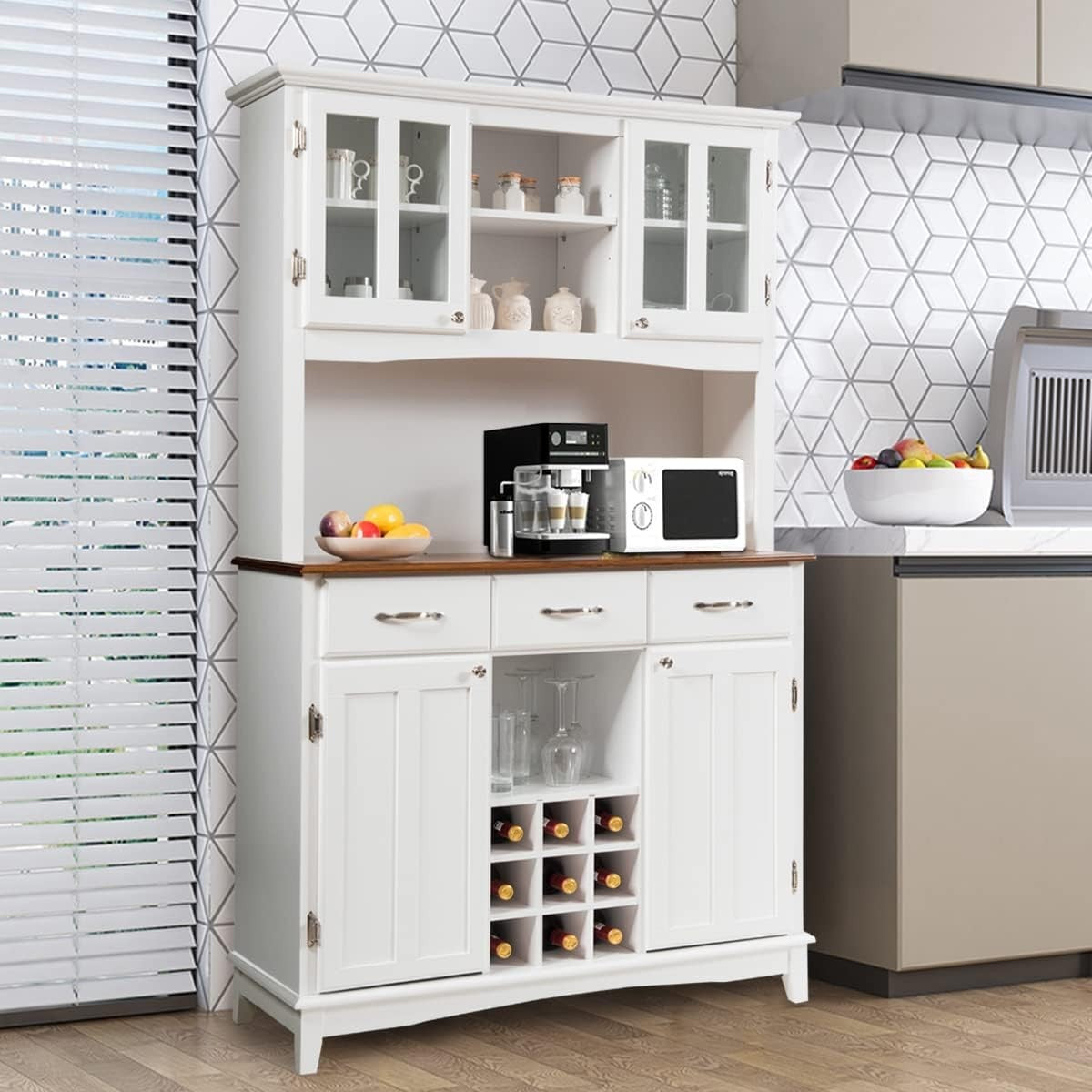 White Kitchen Storage Cabinet 4 Cabinets 3 Drawers 9 Wine Slots 185cm