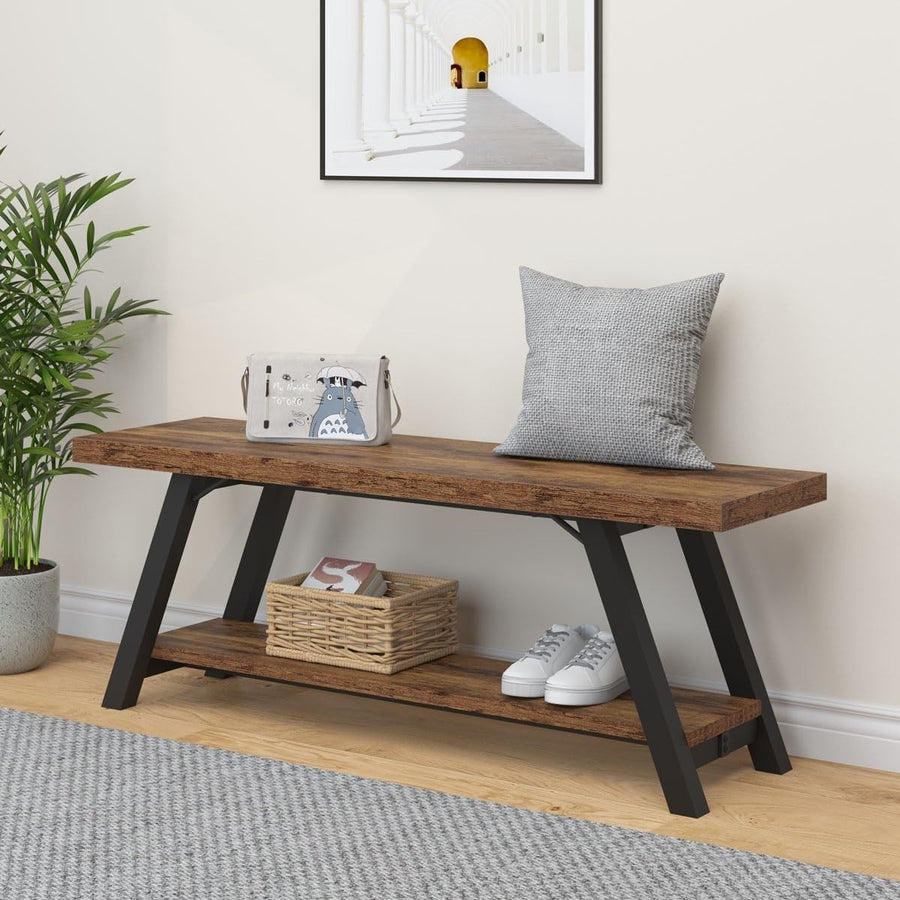 Rustic Brown Industrial Storage Bench Metal Frame Shoe Rack Seat for Entryway