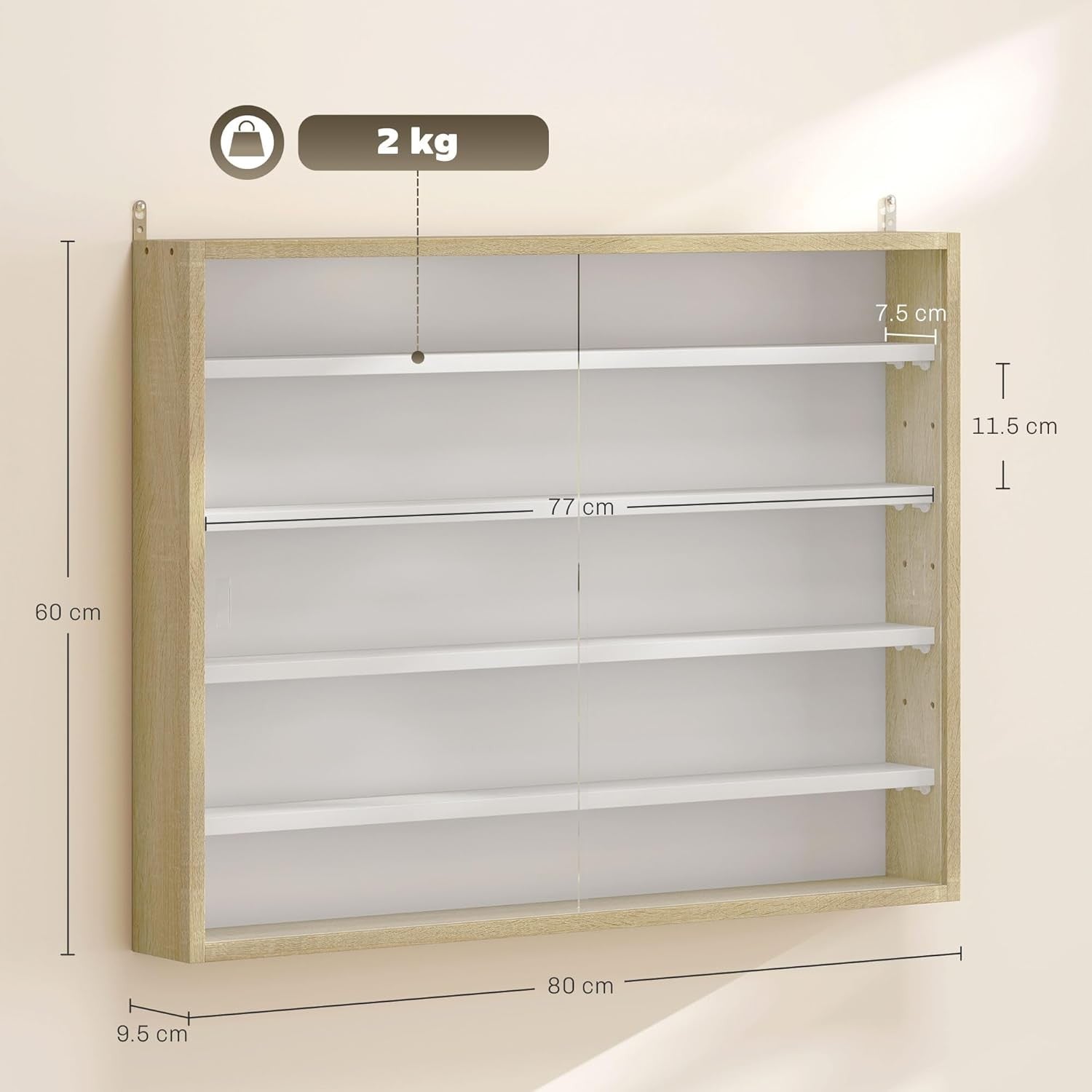 5-Tier Natural Wood Display Cabinet | Wall-Mounted Glass Sliding Door Shelf 60×8