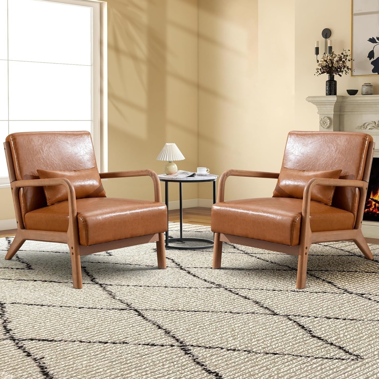 2x Brown Faux Leather Armchairs – Solid Wood High Back Lounge Chairs