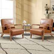 2x Brown Faux Leather Armchairs – Solid Wood High Back Lounge Chairs
