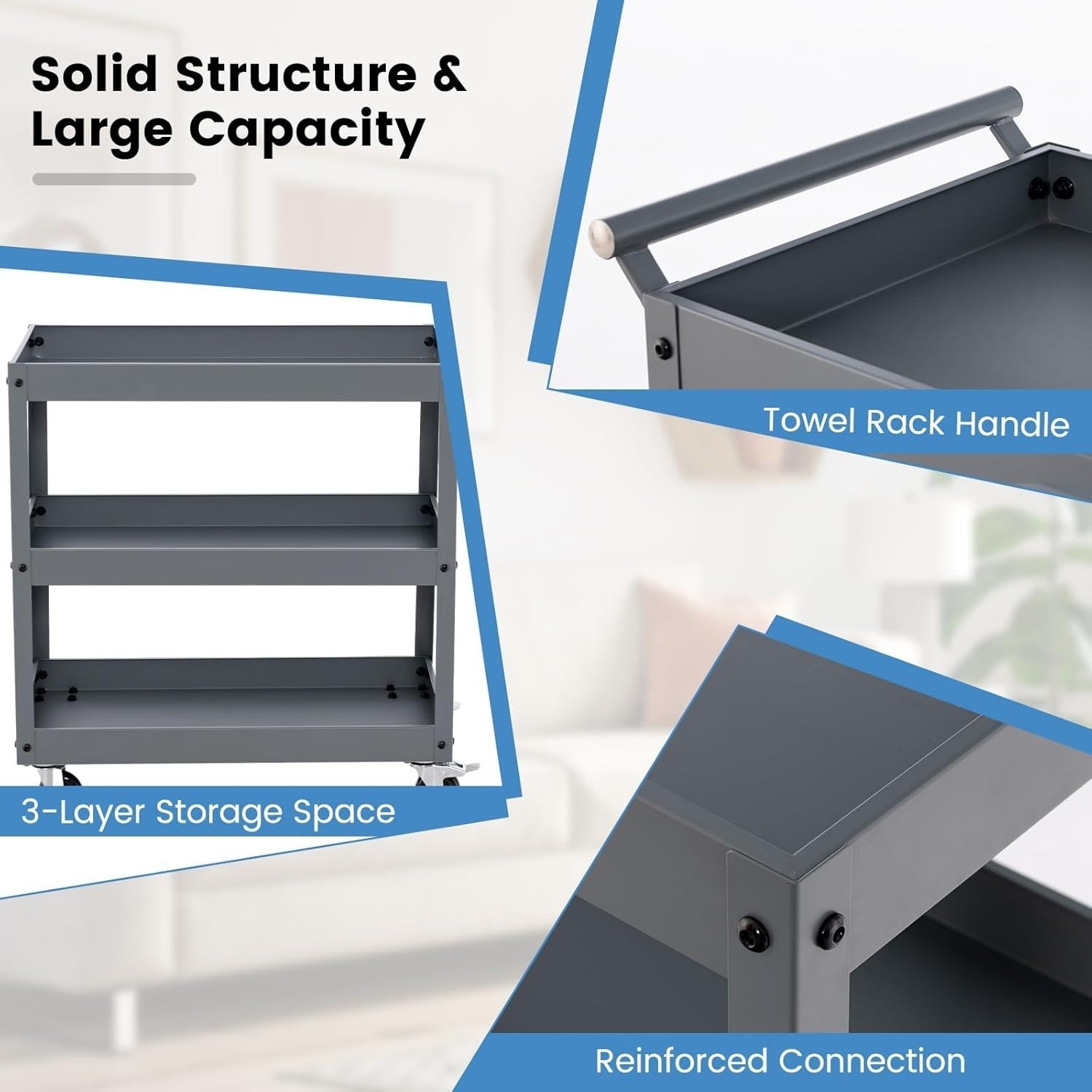 3 Tier Heavy Duty Tool Trolley Rolling Utility Storage Cart Grey
