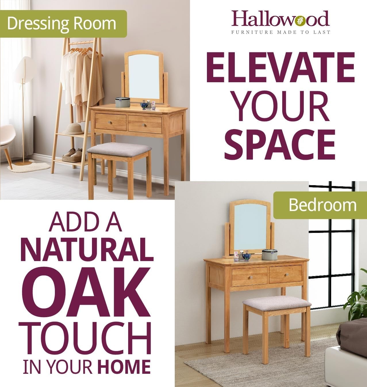 Light Oak Dressing Table Vanity Set Mirror Stool 2 Drawer Storage Bedroom