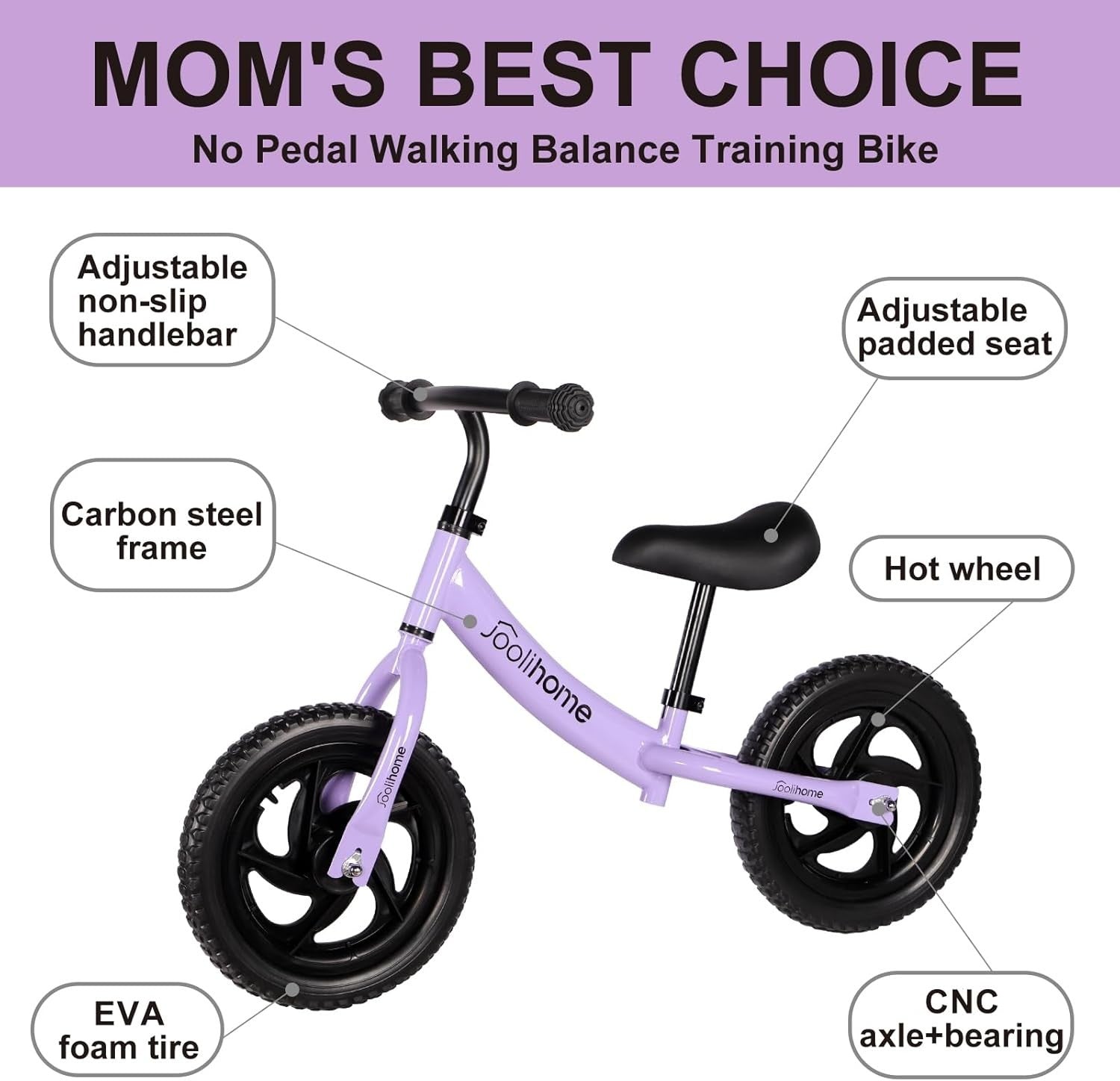 12" Kids Balance Bike Adjustable Seat Handlebar No Pedal Toddler Bike Purple