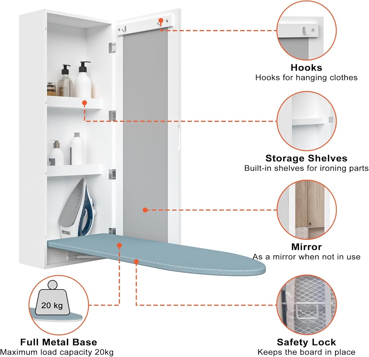 Wall Mounted Ironing Board Cabinet with Mirror Foldable Storage