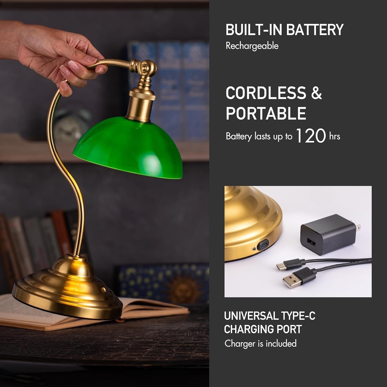 Cordless LED Desk Lamp with USB-C, 3-Level Dimming & 180° Swivel, Green Glass