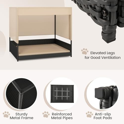 Wicker Pet House with Cushion & Roof, Raised Rattan Dog Bed for Small Dogs
