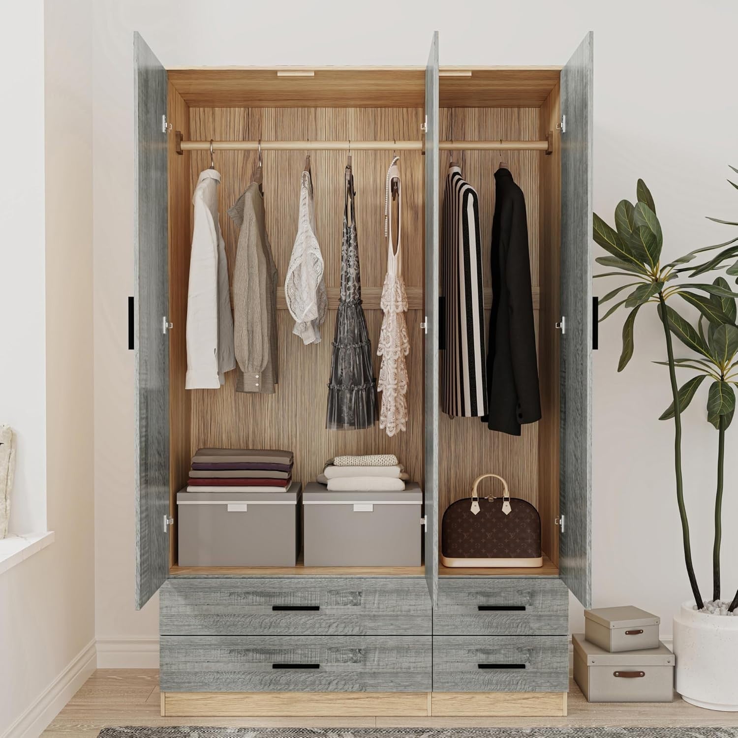 Oak & Ash Grey Wardrobe 3 Door 4 Drawer Storage Modern Bedroom Closet