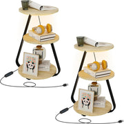 Set of 2 Oak LED Side Tables with 3-Tier Storage – Small Round Coffee Tables