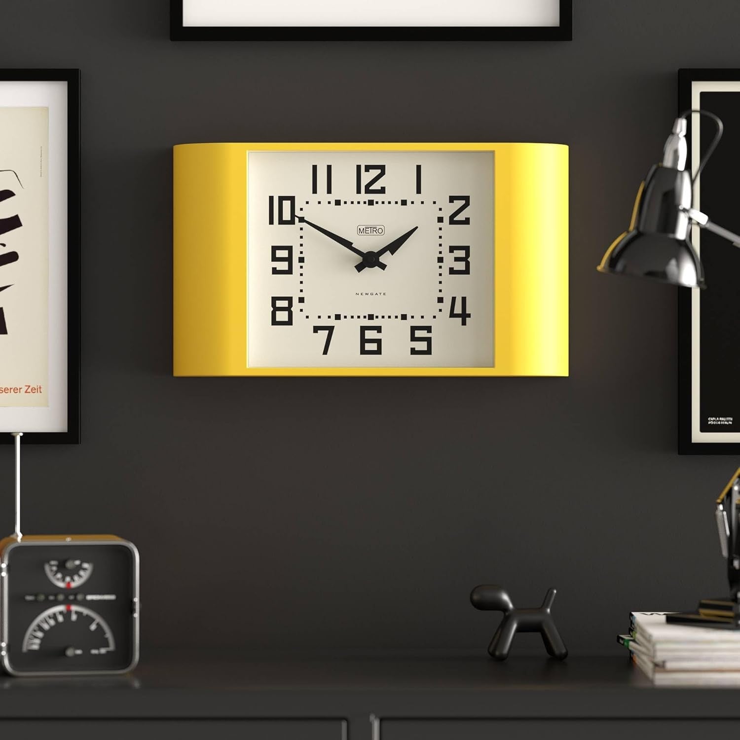 Retro Yellow Wall Clock 42cm Wide Mid-Century Modern Kitchen Home Decor