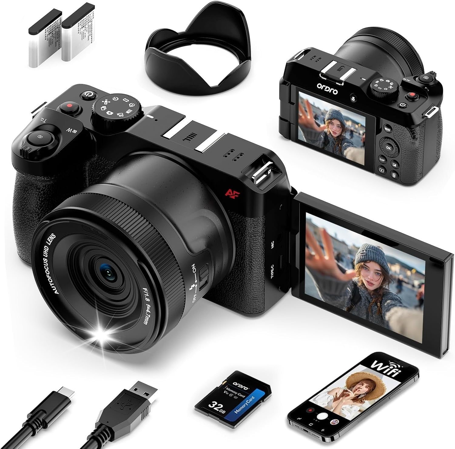 5K 80MP Vlogging Camera WiFi Flip Screen w/ 32GB SD Card Kit