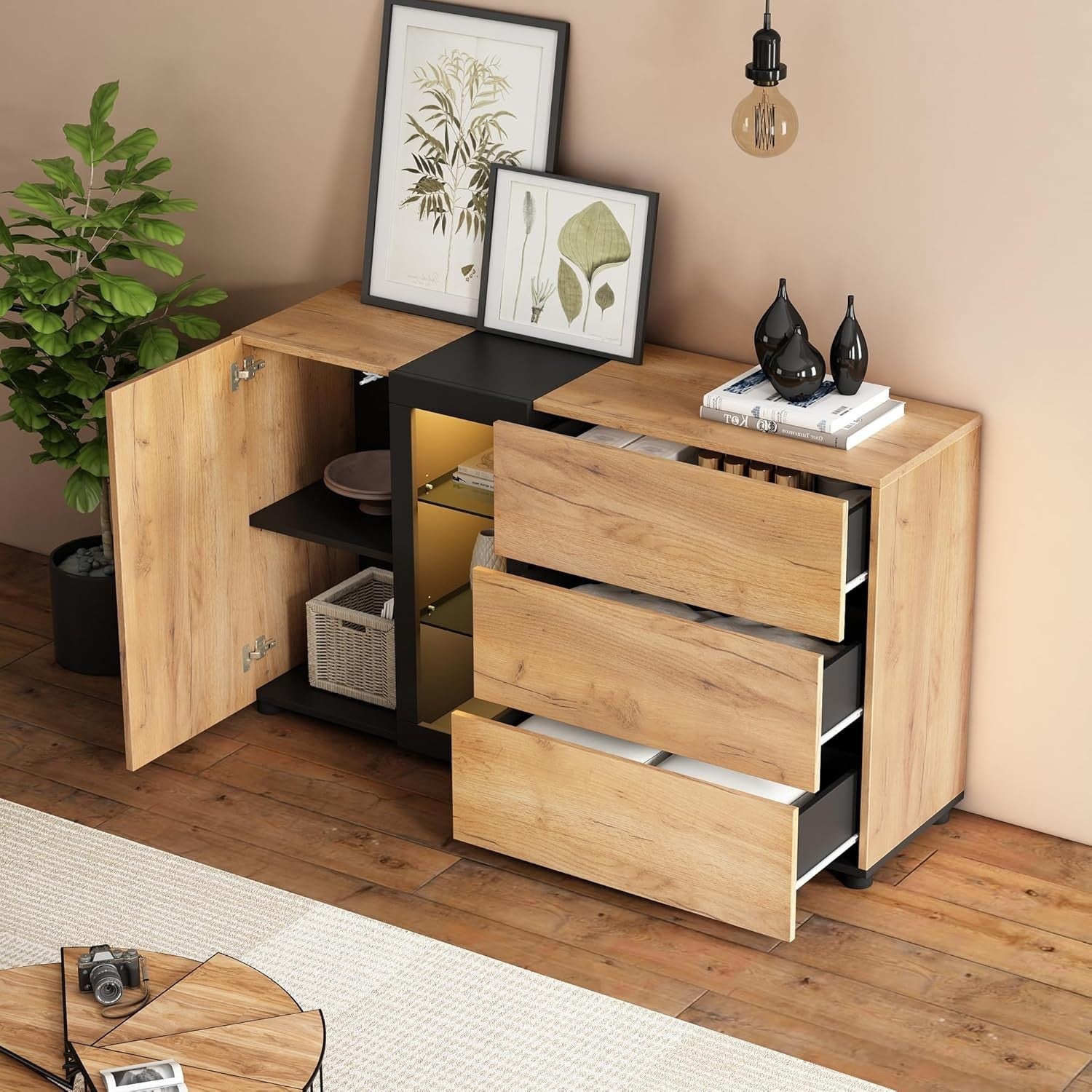 LED Sideboard Cabinet 3 Drawer Glass Shelf Unit Modern Storage Console
