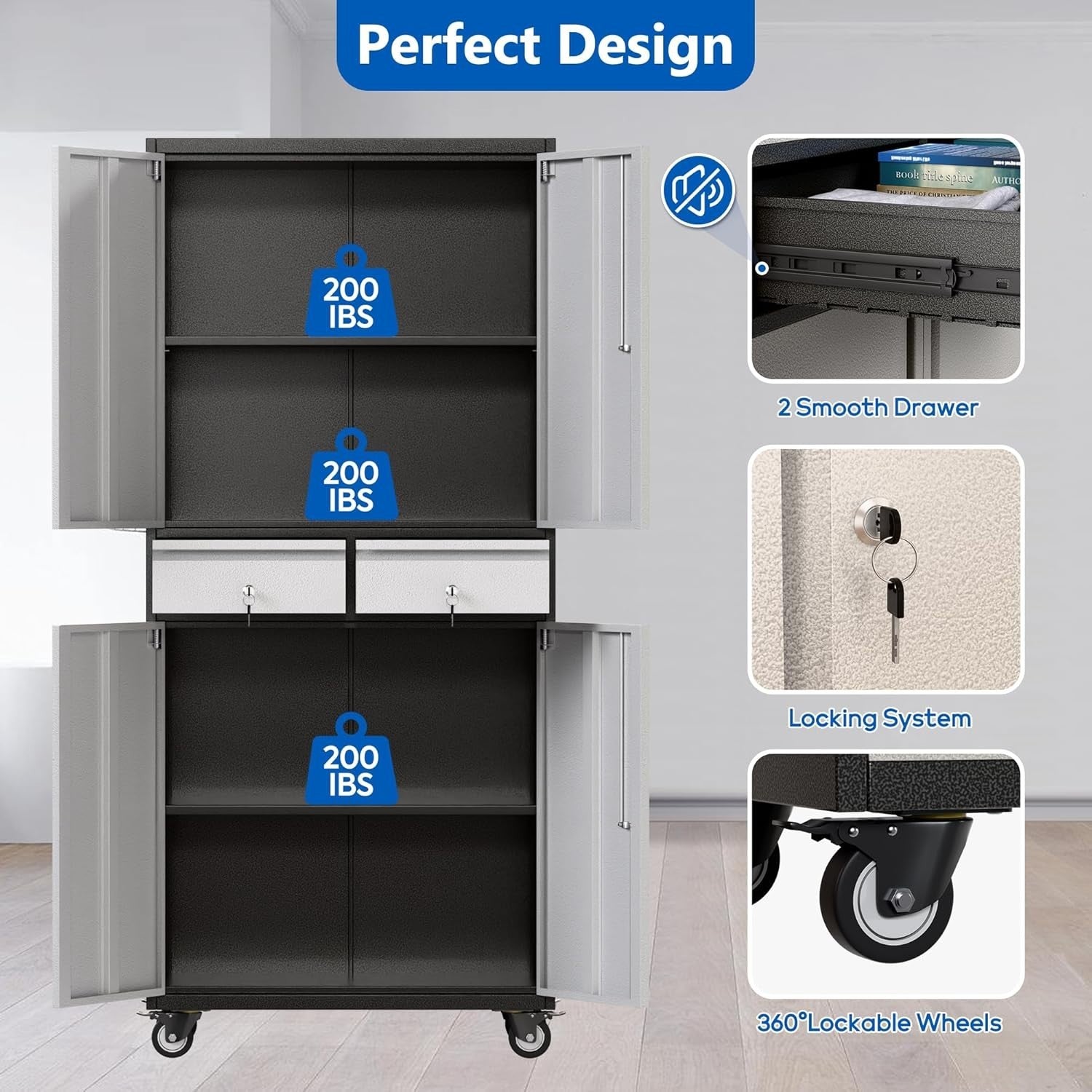 Lockable Metal Garage Cabinet with 2 Drawers, Adjustable Shelves & Wheels
