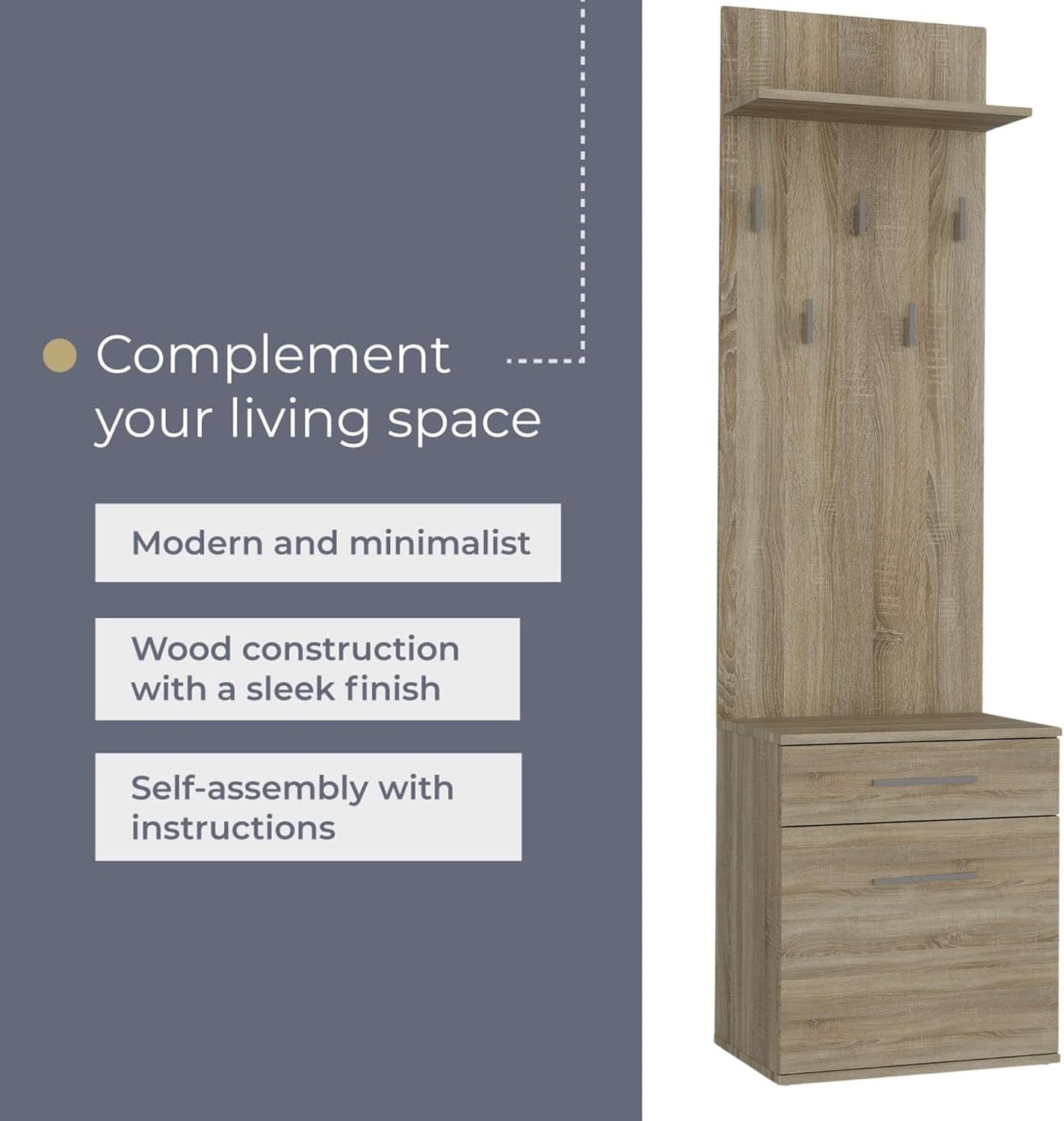Slim Sonoma Oak Wardrobe with Hooks, Shelves & Storage | 180cm Hall Unit