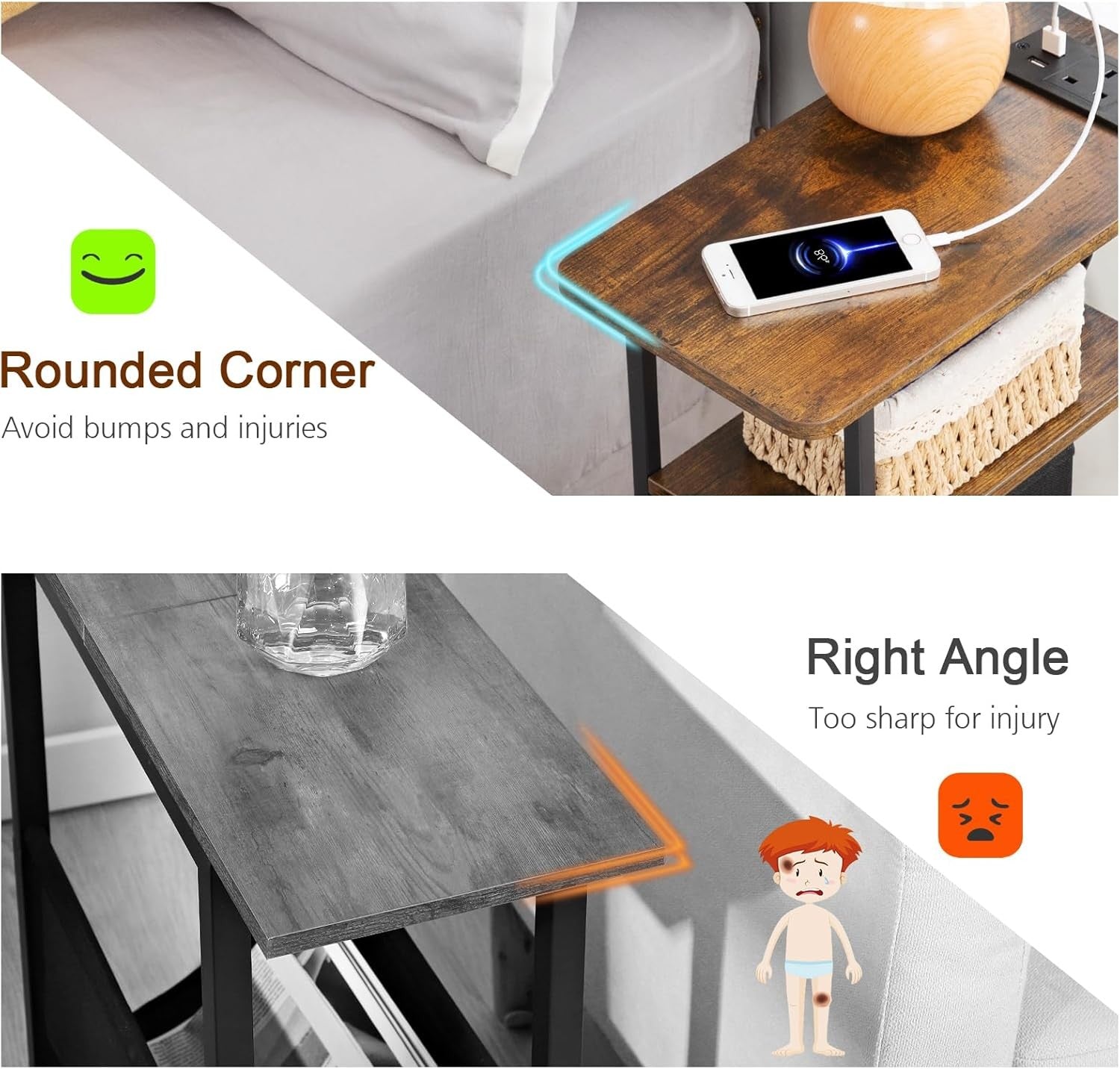 Slim Bedside Tables Set of 2 with Charging Ports, Storage Drawers & Shelf