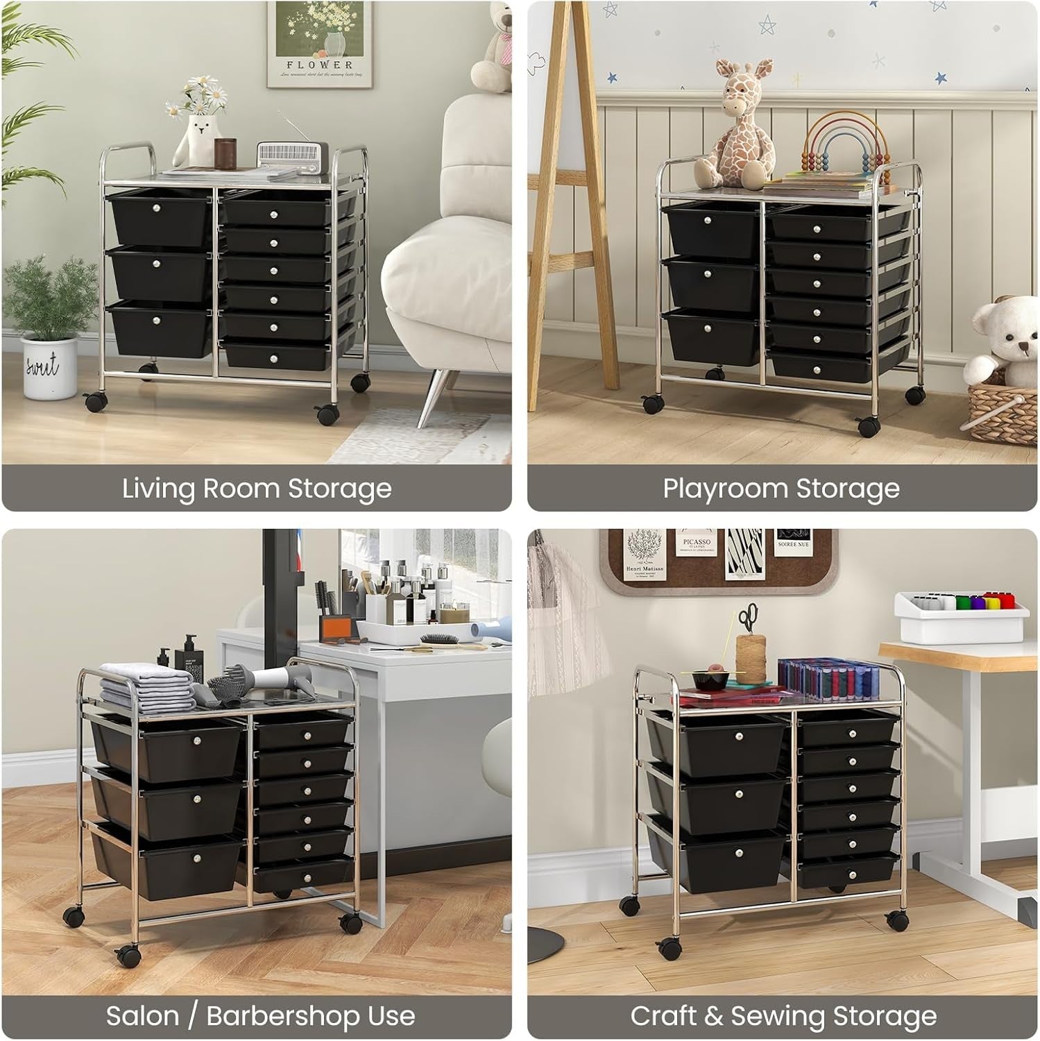 9 Drawer Rolling Storage Cart Utility Organizer Trolley Black Wheels