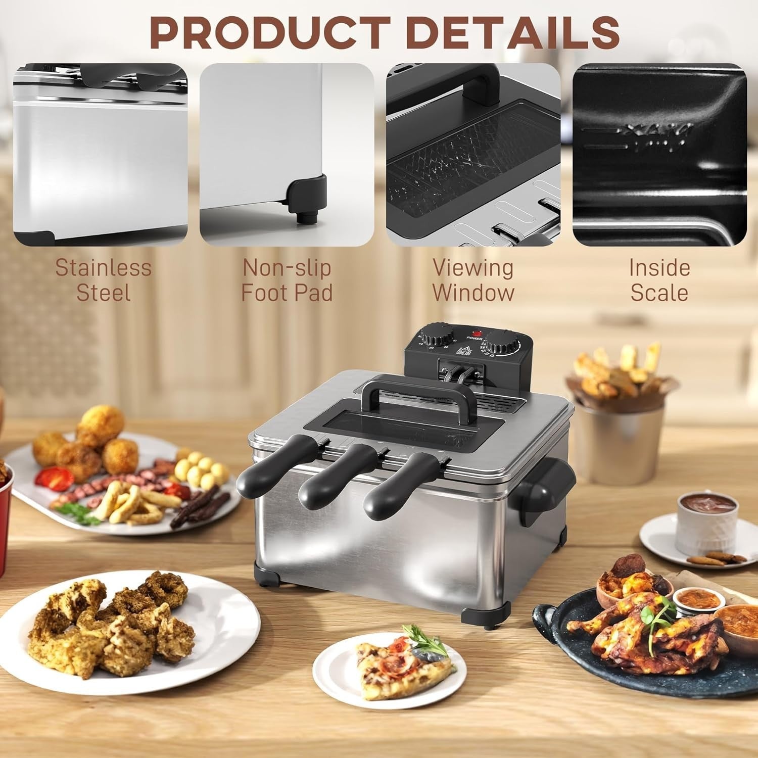 5L Deep Fat Fryer 2000W Stainless Steel Adjustable Temp Timer Viewing Window