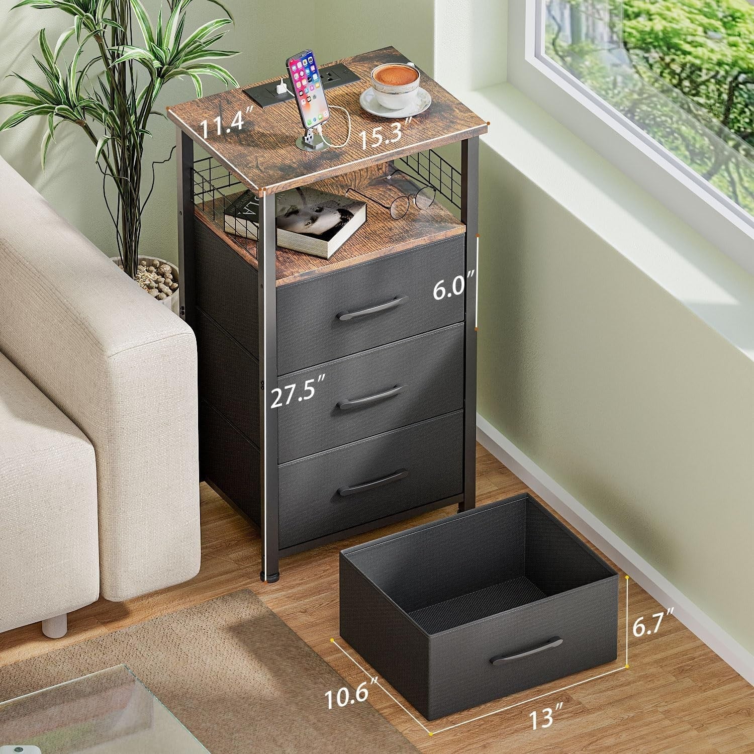 Set of 2 Rustic Brown LED Bedside Tables with 3 Drawers & USB Charging Ports
