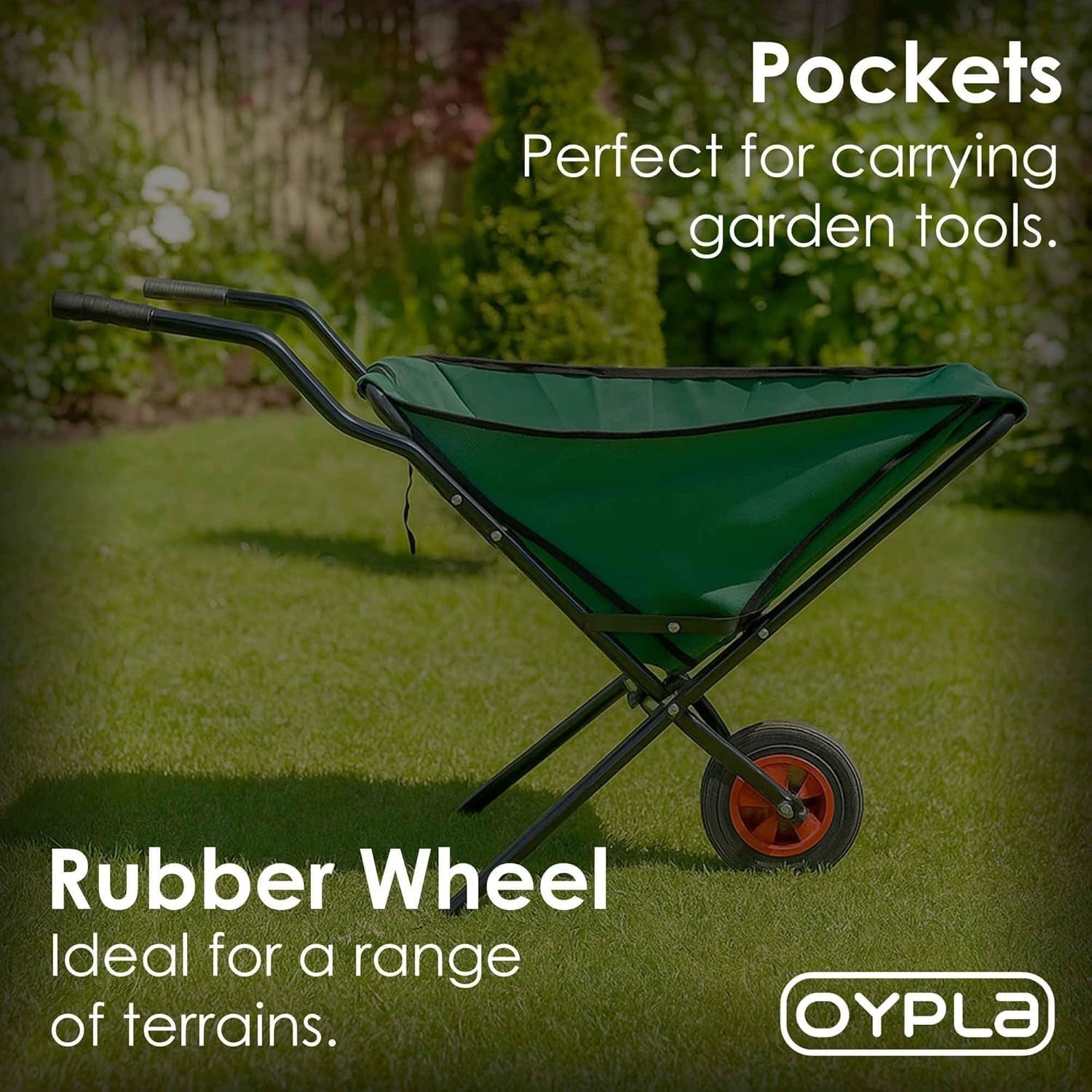 90L - Flat-Free Wheel - Foldable Wheelbarrow - Green - Steel Frame, Compact