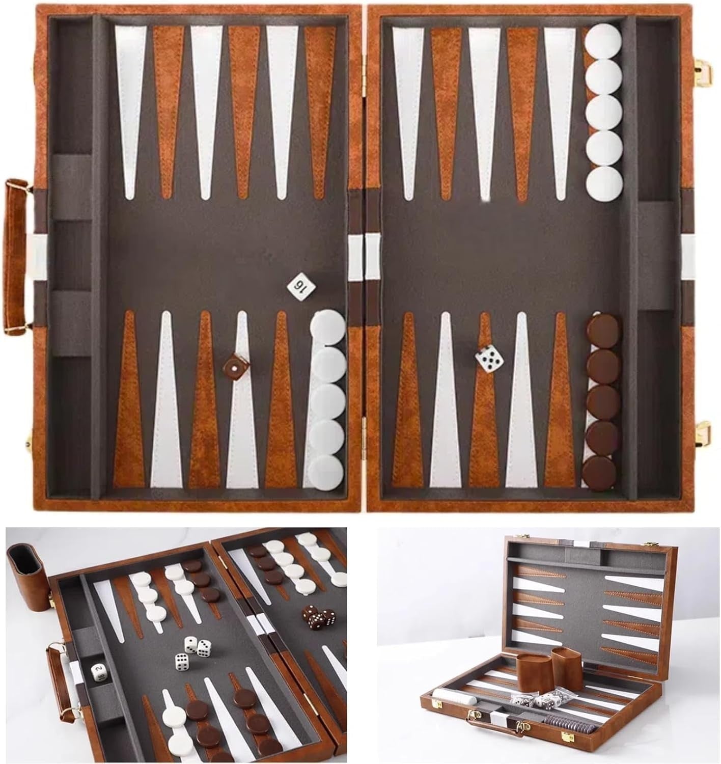 15” Backgammon Set Travel Leather Case Folding Board Luxury Strategy Game