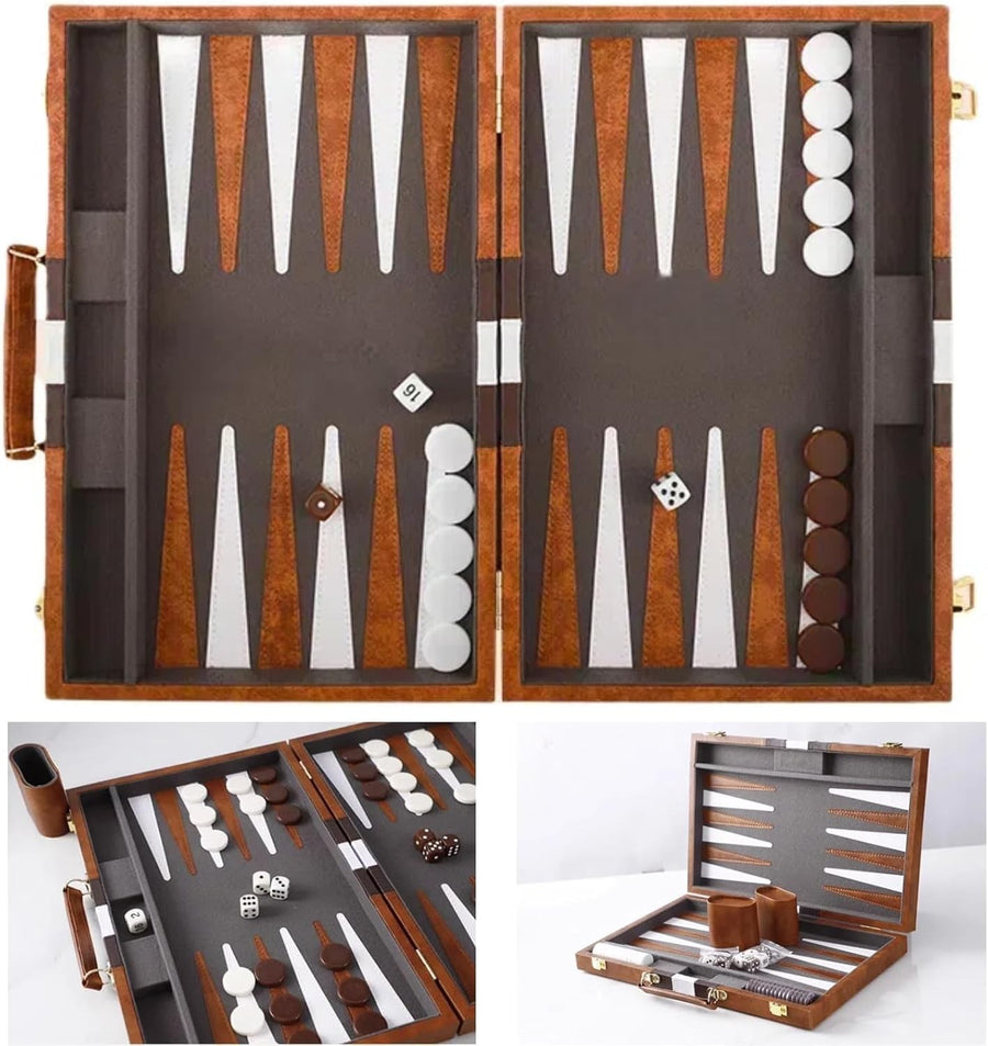 15” Backgammon Set Travel Leather Case Folding Board Luxury Strategy Game