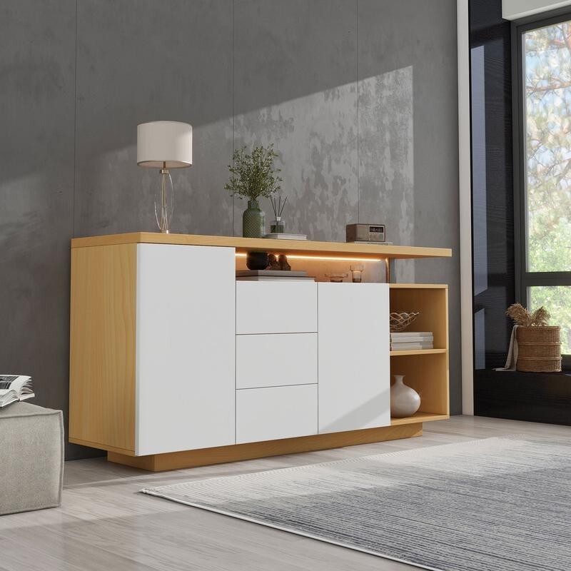 Modern White LED Sideboard Cabinet 2 Door 3 Drawer Push Open Storage