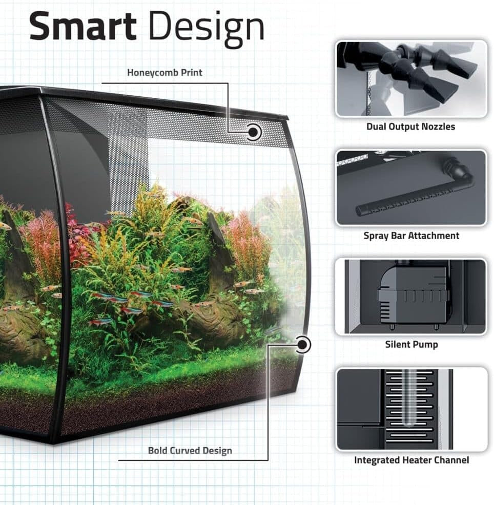 57L Curved Glass Aquarium Kit With LED Light Filter Modern Fish Tank