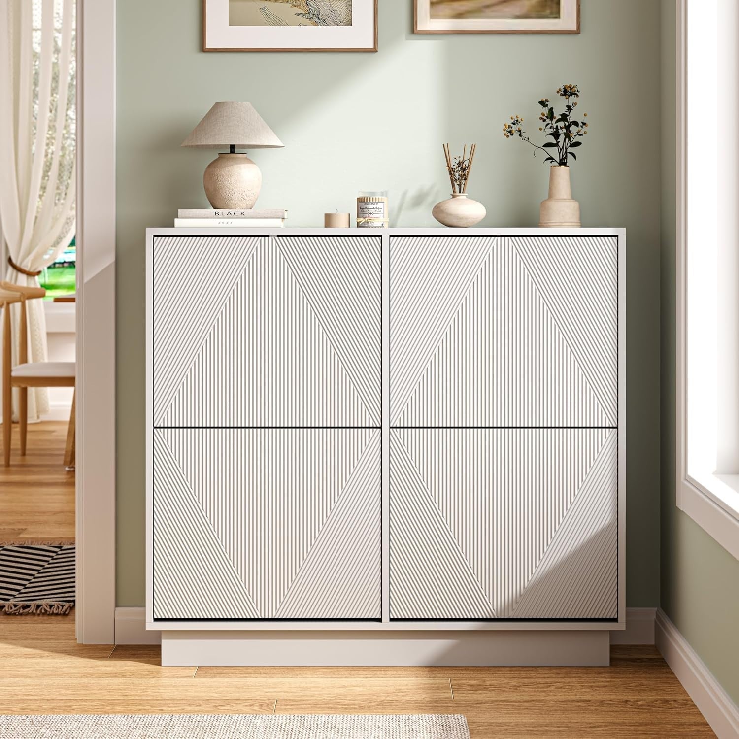 White Slim Shoe Cabinet 4 Flip Drawers | Anti-Tip, 99cm Wide Storage