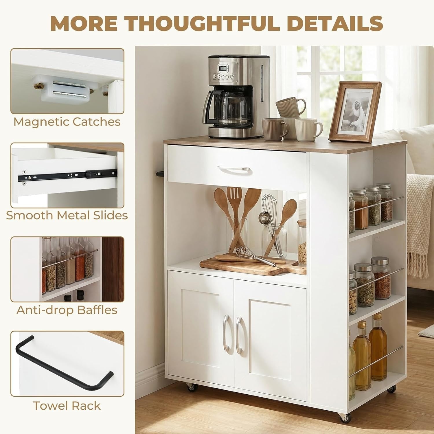 Kitchen Island Trolley with Power Outlet Cabinet White