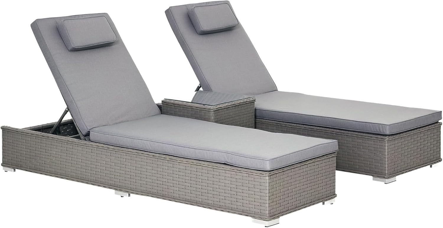 3-Piece Adjustable Rattan Sun Lounger Set with Table & Cushions, Weatherproof