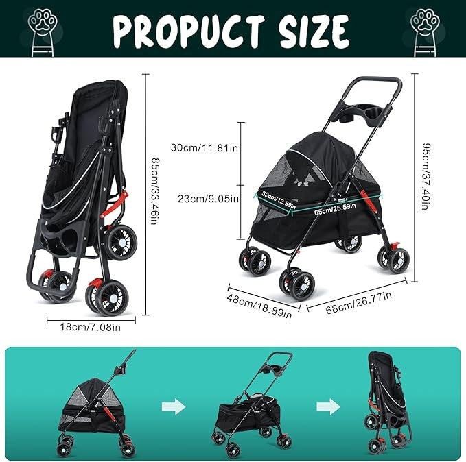 4 Wheel Dog Stroller Folding Pet Pram Travel Pushchair with Cup Holder Black