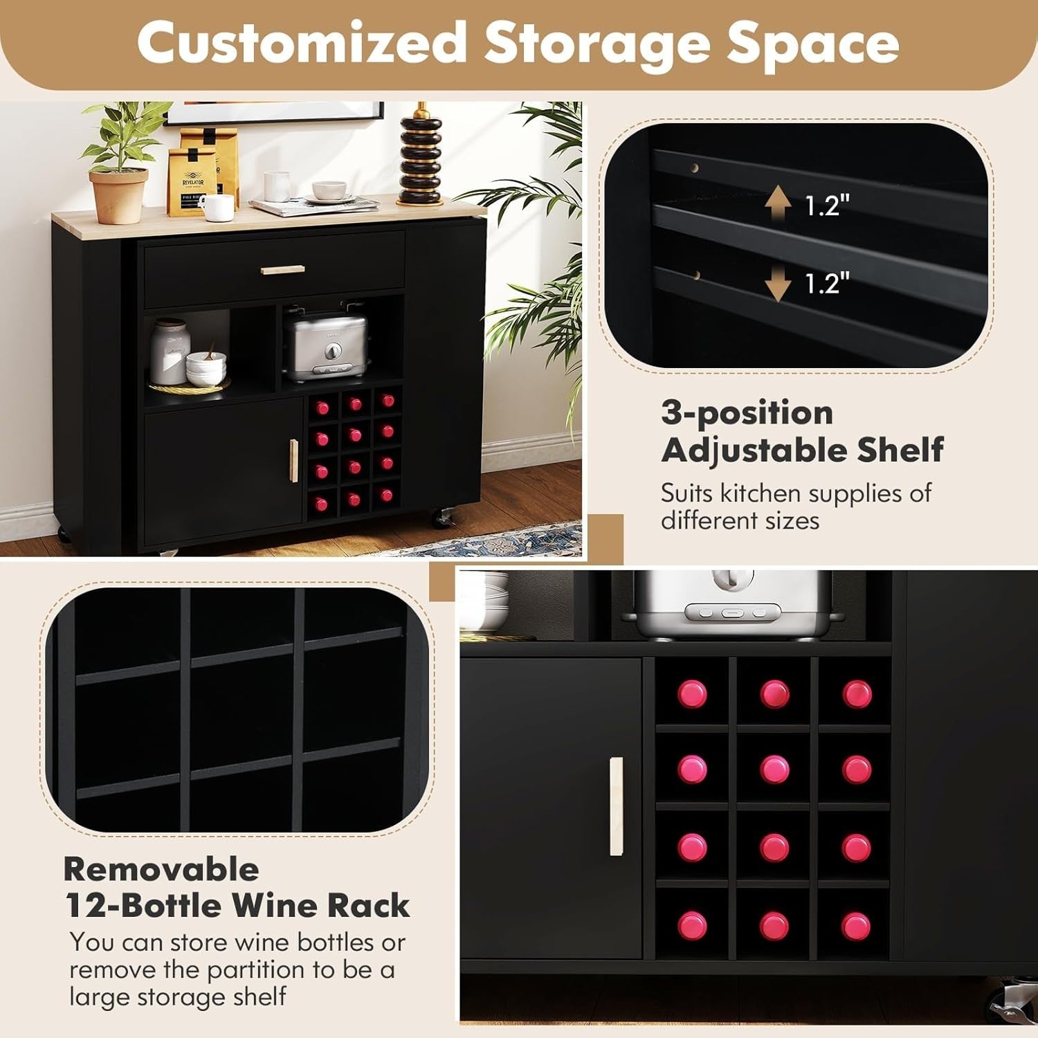 Rolling Kitchen Island Cart w/ Rotatable Worktop, Wine Rack & Lockable Wheels