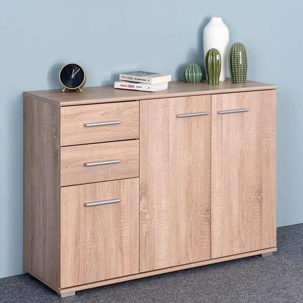 Modern Oak Sideboard Cabinet 3 Door 2 Drawer Storage Unit 107cm MDF