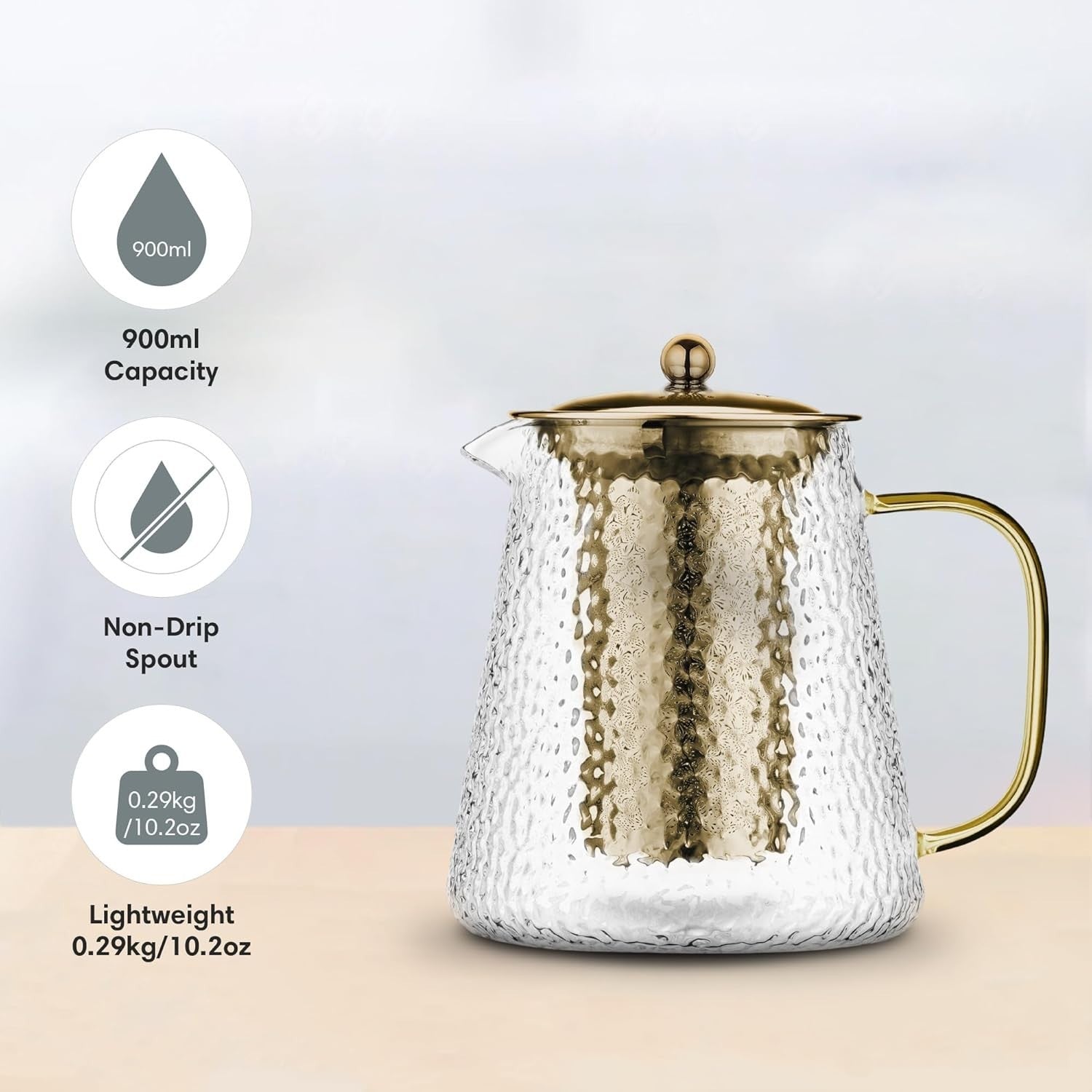 Glass Teapot with Infuser 900ml Loose Leaf Tea Maker 4 Cup Gold
