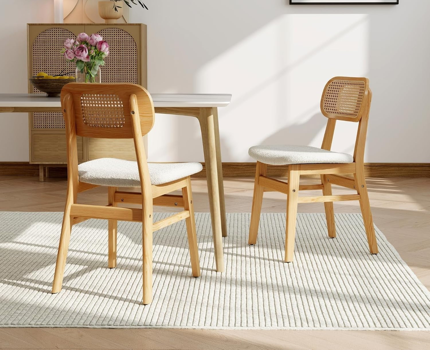 Rattan Dining Chairs Set of 2 Upholstered Retro Kitchen Chairs Solid Wood Legs