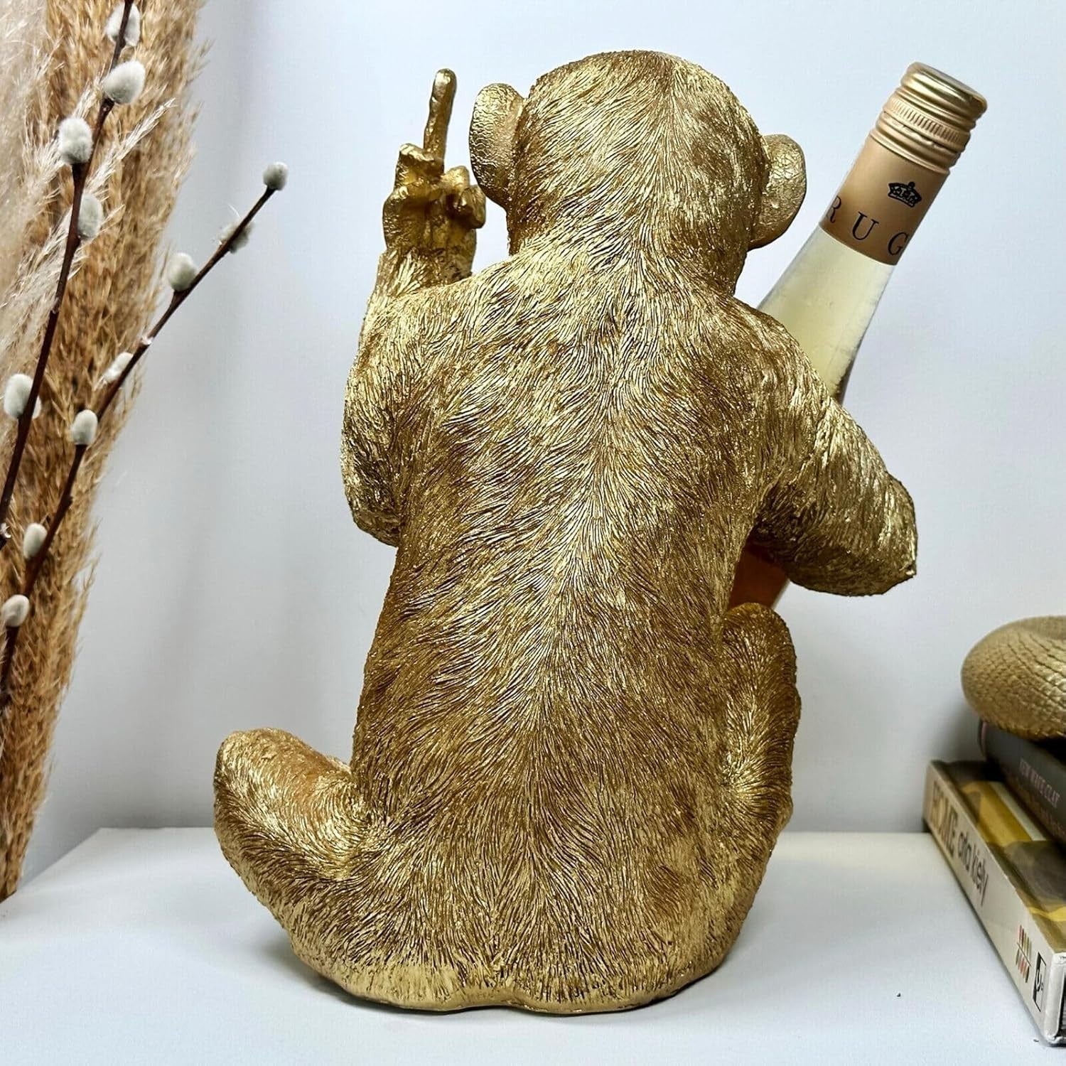 Gold Monkey Wine Bottle Holder Resin Bar Ornament Novelty Drinks Display 28cm