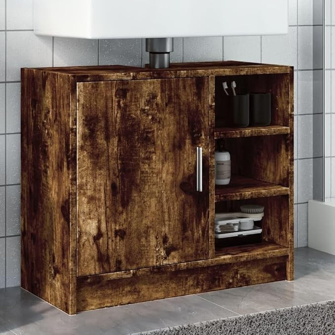 Smoked Oak Bathroom Sink Cabinet 63cm Modern Storage Unit with Open Shelves