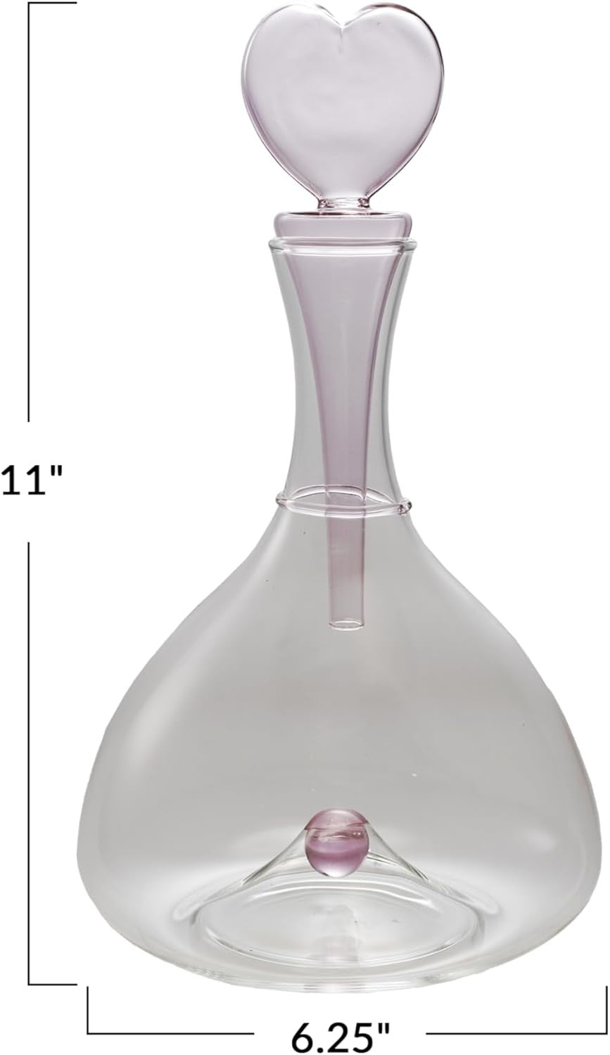 Elegant 1.5 Quart Glass Decanter with Pink Heart Stopper | Romantic Gift Decor