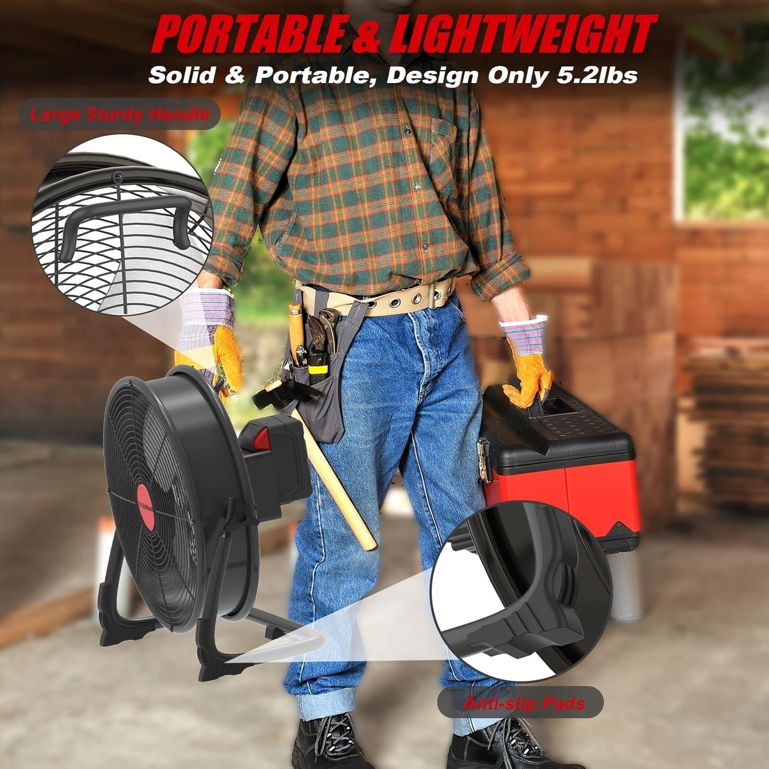 12" Cordless Floor Fan – 18V Battery Powered Portable Industrial Cooling Garage