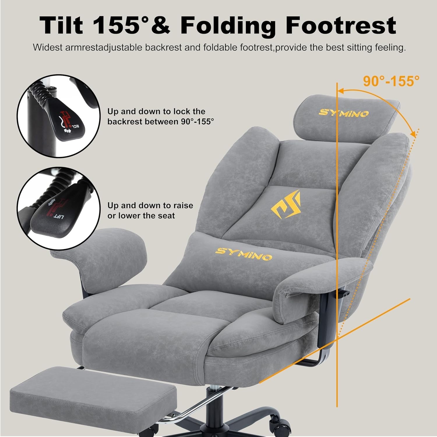 Gaming Chair with Footrest Ergonomic PU Leather Recliner Grey