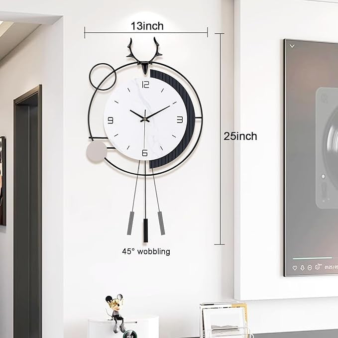 Modern Large Pendulum Wall Clock 25in Silent Quartz Metal Deer Design Home