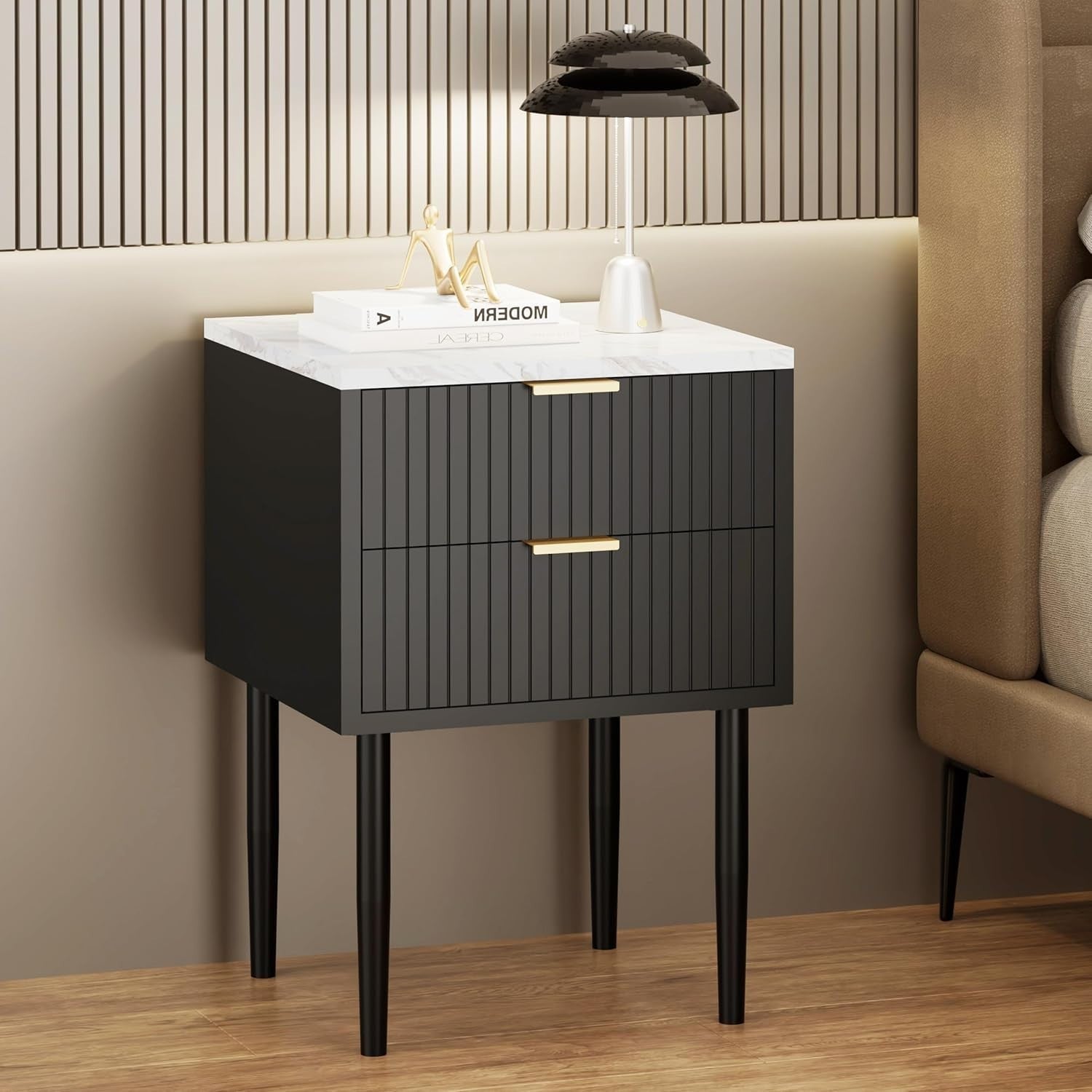Set of 2 Marble Top Bedside Tables | Modern Black Nightstands with 2 Drawers